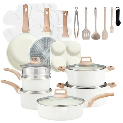 Sweetcrispy 25-Piece Non-Stick Ceramic Cookware Set | Lightweight Aluminum, Stay-Cool Handles & Glass Lids – Induction Compatible, Healthy Kitchen Kit
