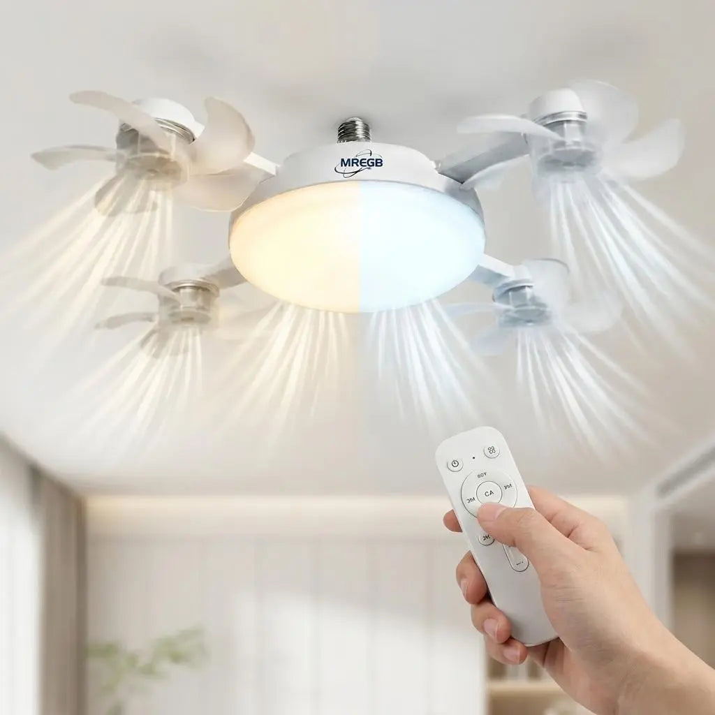 MREGB E27 Screw-In Ceiling Fan with Light | 2-in-1 Dimmable LED Fan Light, Remote Control – Ultra-Quiet Cooling for Bedroom, Kitchen & Garage
