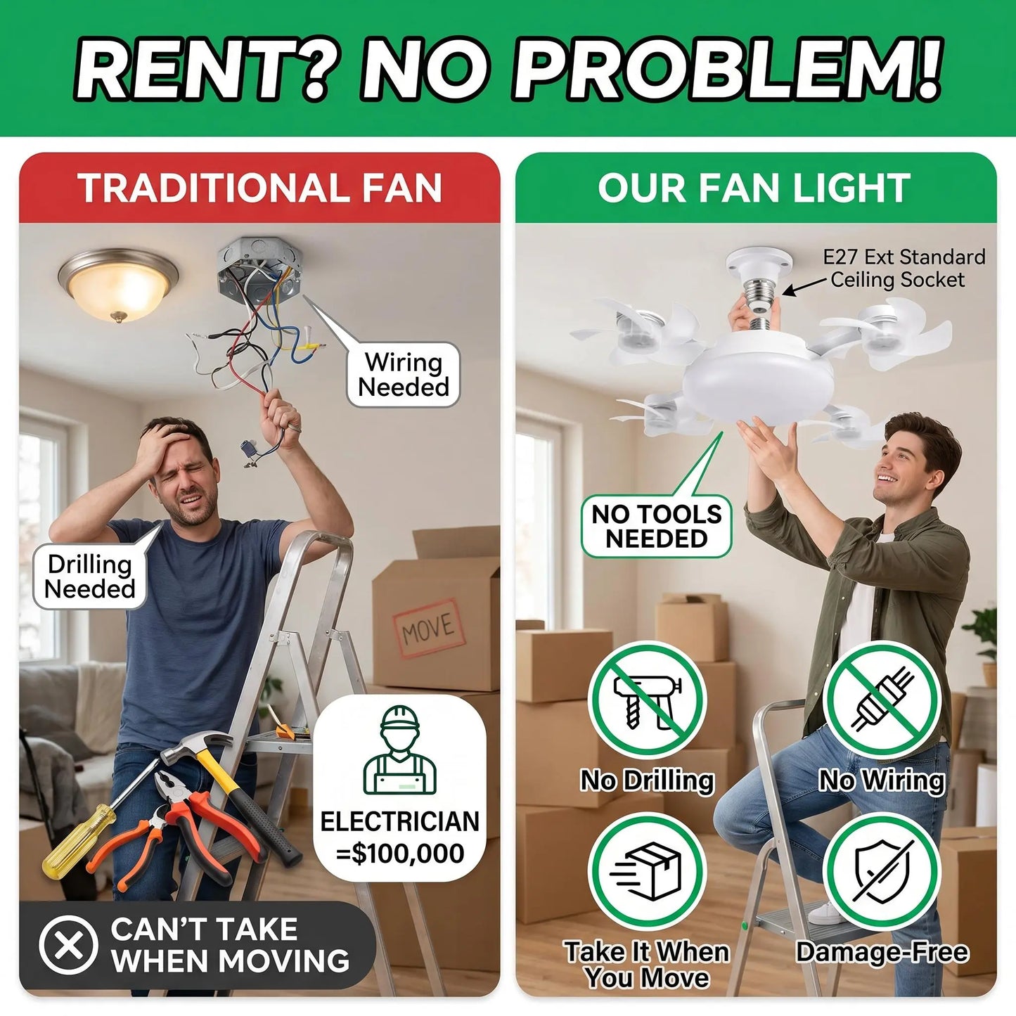 MREGB E27 Screw-In Ceiling Fan with Light | 2-in-1 Dimmable LED Fan Light, Remote Control – Ultra-Quiet Cooling for Bedroom, Kitchen & Garage