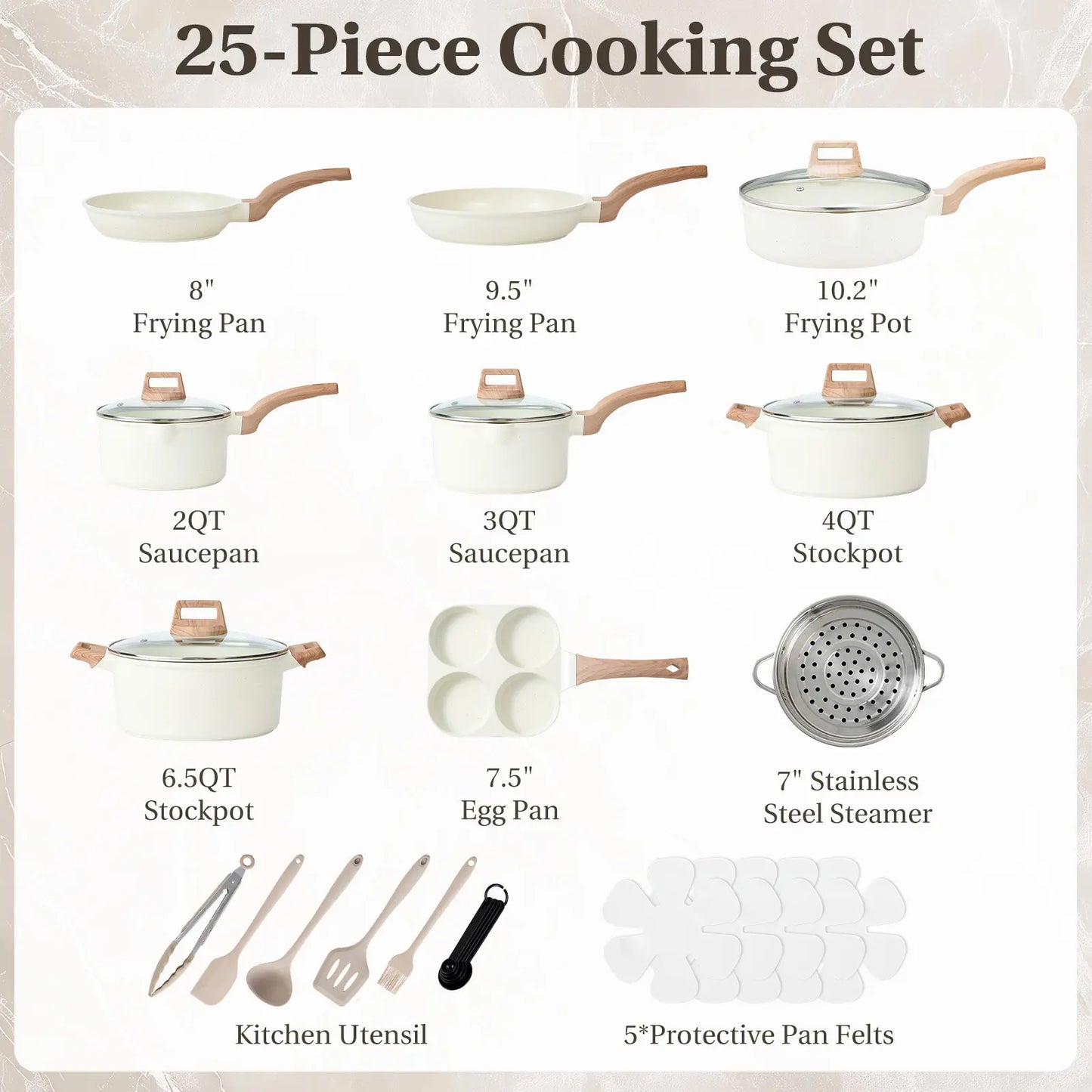 Sweetcrispy 25-Piece Non-Stick Ceramic Cookware Set | Lightweight Aluminum, Stay-Cool Handles & Glass Lids – Induction Compatible, Healthy Kitchen Kit