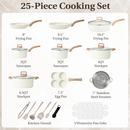 Sweetcrispy 25-Piece Non-Stick Ceramic Cookware Set | Lightweight Aluminum, Stay-Cool Handles & Glass Lids – Induction Compatible, Healthy Kitchen Kit