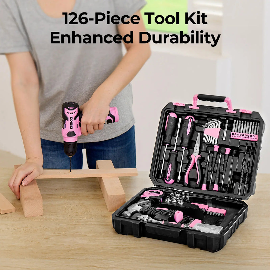 DEKO 8V Cordless Drill Set – 126-Piece Home DIY Tool Kit with Case