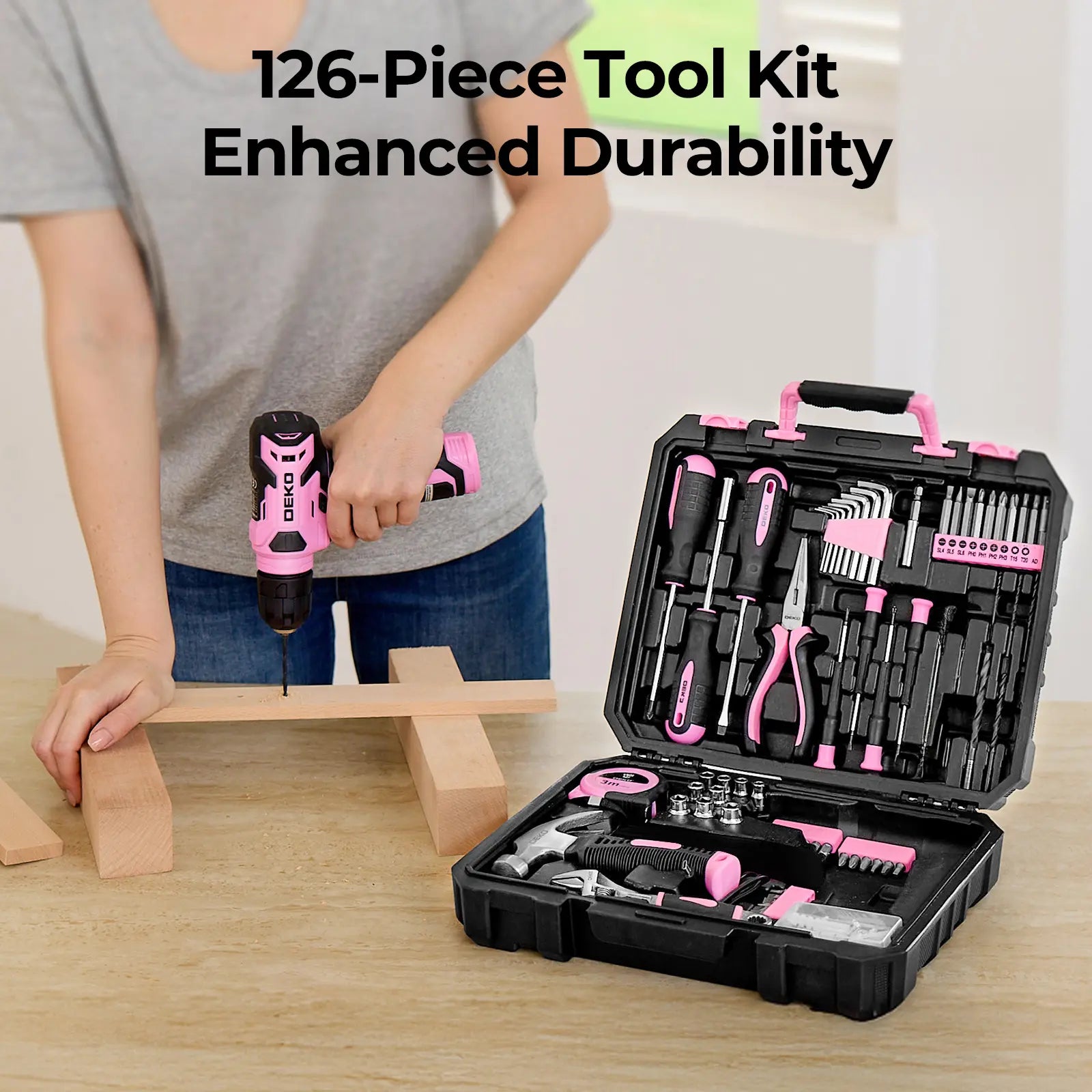 DEKO 8V Cordless Drill Set – 126-Piece Home DIY Tool Kit with Case