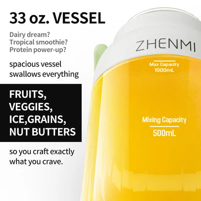ZHENMI Cordless Blender | 33oz BPA-Free Portable Smoothie Maker – 2-Serving Capacity, USB Rechargeable, Perfect for Home & Outdoors