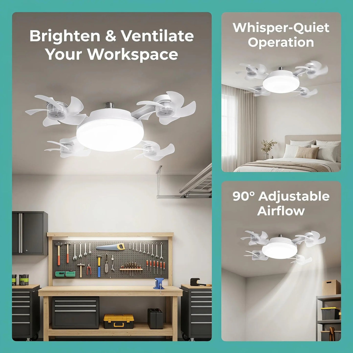 MREGB E27 Screw-In Ceiling Fan with Light | 2-in-1 Dimmable LED Fan Light, Remote Control – Ultra-Quiet Cooling for Bedroom, Kitchen & Garage