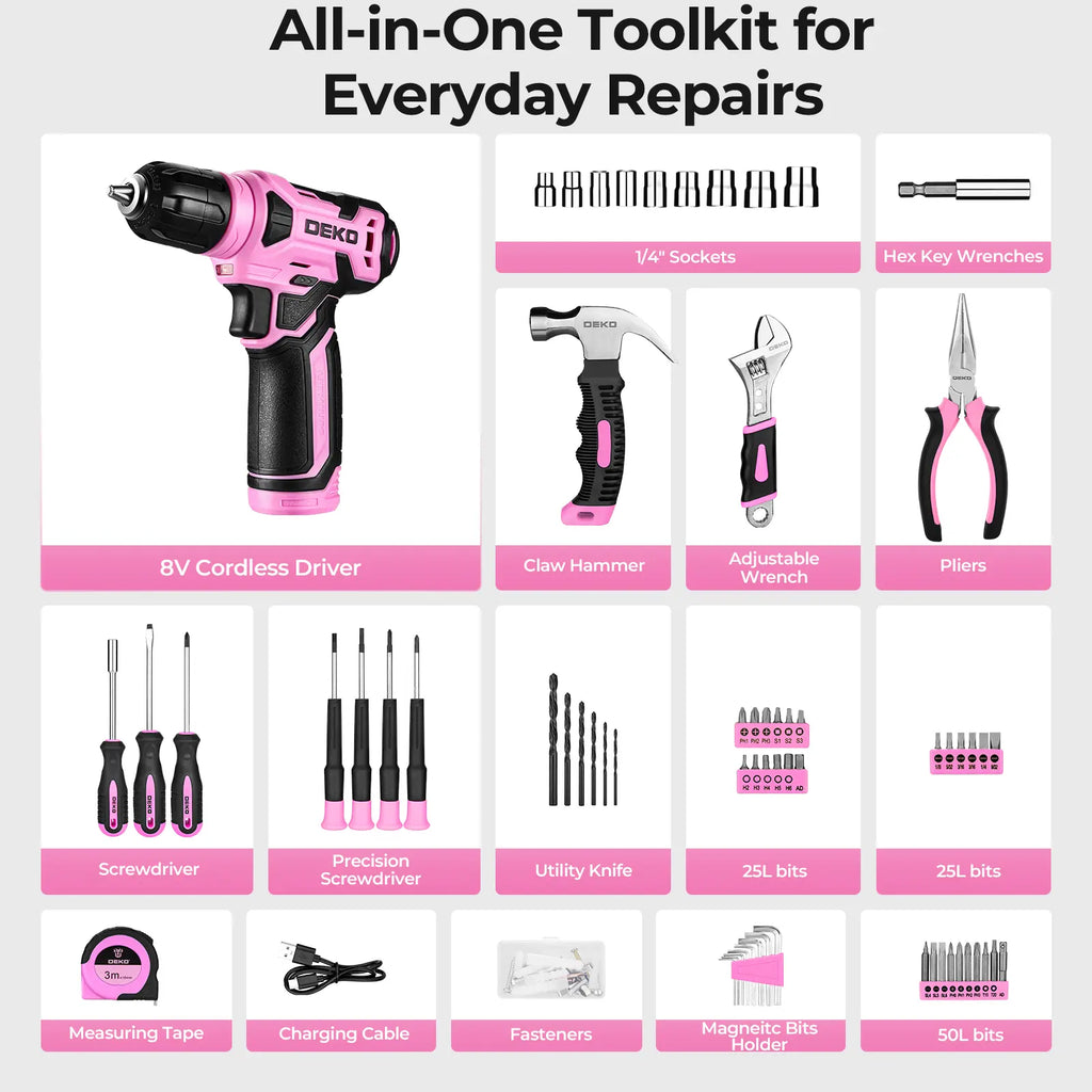 DEKO 8V Cordless Drill Set – 126-Piece Home DIY Tool Kit with Case