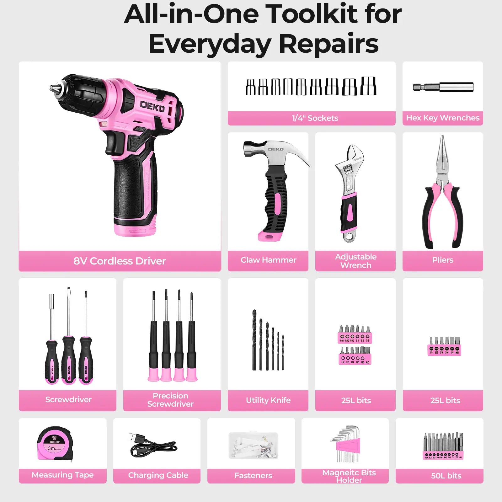 DEKO 8V Cordless Drill Set – 126-Piece Home DIY Tool Kit with Case