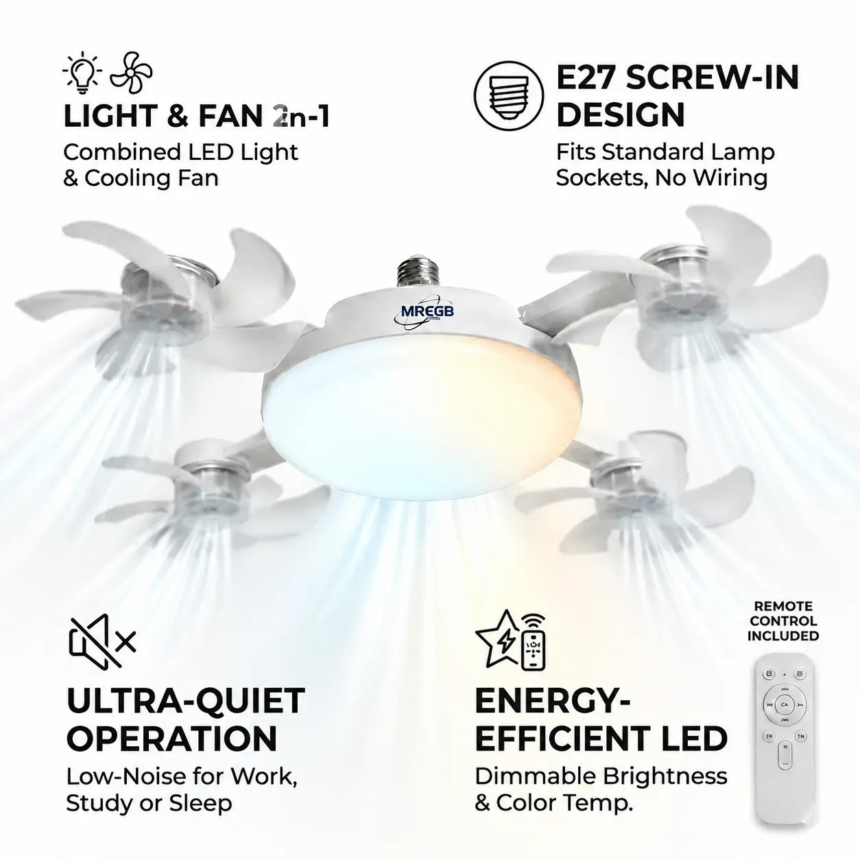 MREGB E27 Screw-In Ceiling Fan with Light | 2-in-1 Dimmable LED Fan Light, Remote Control – Ultra-Quiet Cooling for Bedroom, Kitchen & Garage