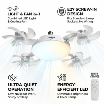 MREGB E27 Screw-In Ceiling Fan with Light | 2-in-1 Dimmable LED Fan Light, Remote Control – Ultra-Quiet Cooling for Bedroom, Kitchen & Garage