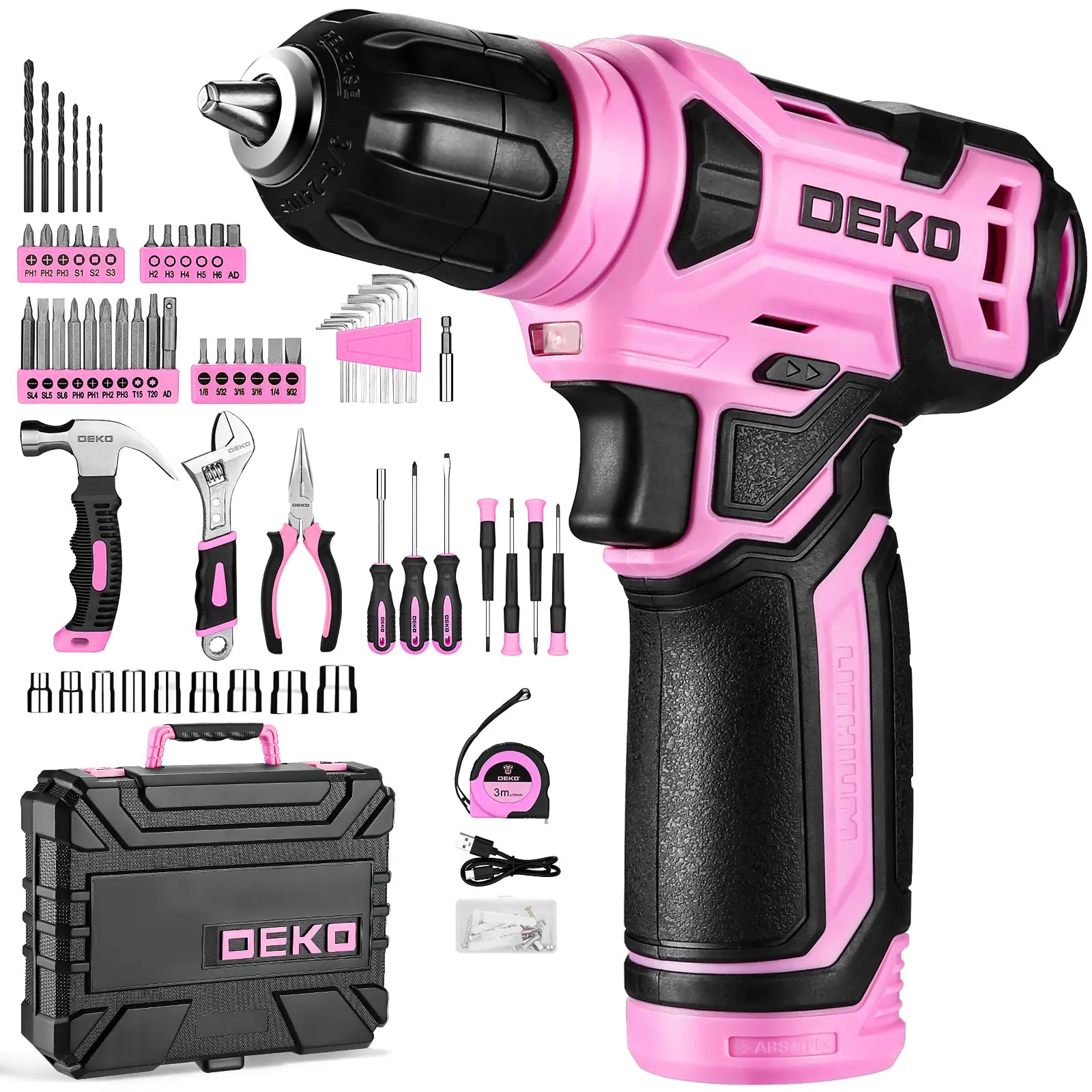 DEKO 8V Cordless Drill Set – 126-Piece Home DIY Tool Kit with Case