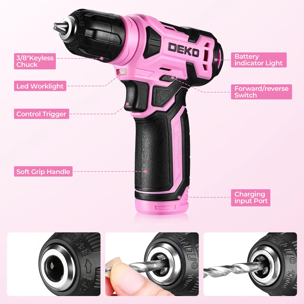 DEKO 8V Cordless Drill Set – 126-Piece Home DIY Tool Kit with Case
