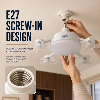 MREGB E27 Screw-In Ceiling Fan with Light | 2-in-1 Dimmable LED Fan Light, Remote Control – Ultra-Quiet Cooling for Bedroom, Kitchen & Garage