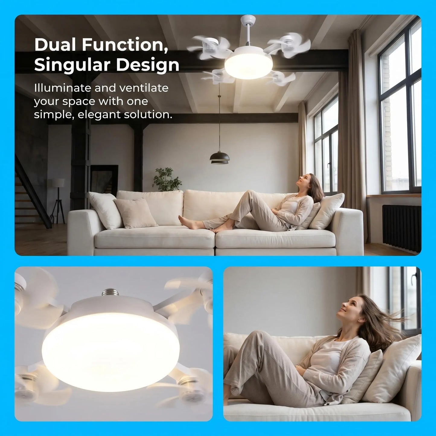 MREGB E27 Screw-In Ceiling Fan with Light | 2-in-1 Dimmable LED Fan Light, Remote Control – Ultra-Quiet Cooling for Bedroom, Kitchen & Garage